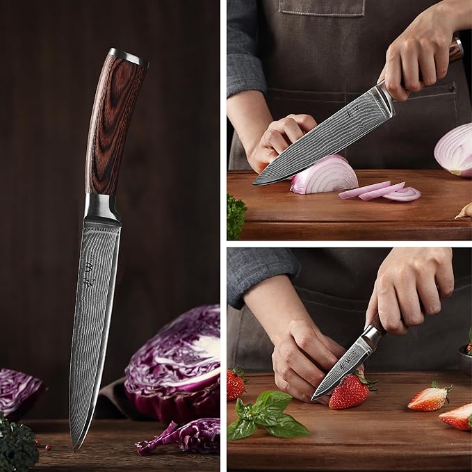 Wakoli EDIB Damascus Knife Set, 5-Piece VG10 Steel Knives, Wooden Gift Box