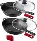 Cuisinel Cast Iron Skillet with Lid - 12"-Inch Frying Pan + Glass Cover + Silicone Handle Holder - PFAS and PFOA-free Pre-Seasoned Oven Safe Cookware - Indoor/Outdoor Use - Grill, BBQ, Fire, Stovetop