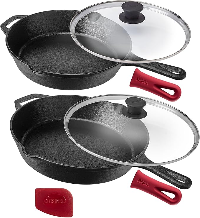 Cuisinel Cast Iron Skillet with Lid - 12"-Inch Frying Pan + Glass Cover + Silicone Handle Holder - PFAS and PFOA-free Pre-Seasoned Oven Safe Cookware - Indoor/Outdoor Use - Grill, BBQ, Fire, Stovetop