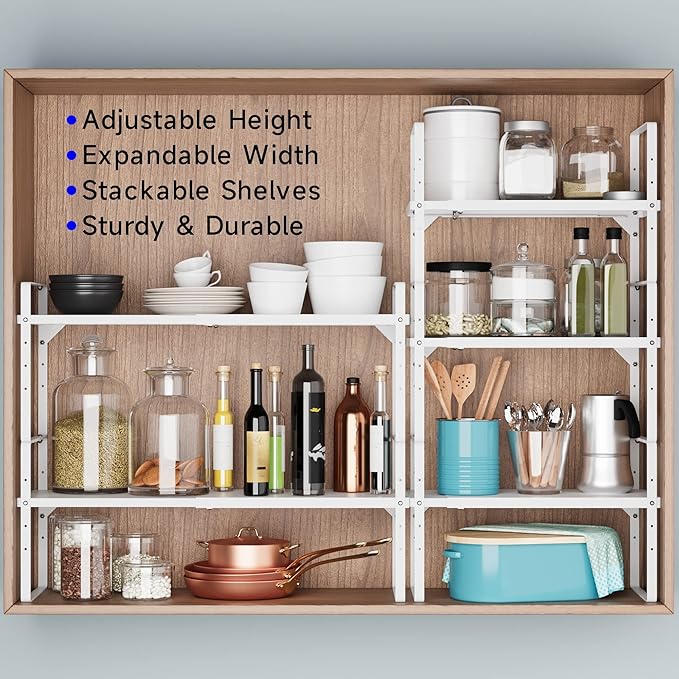 KIKIBRO Expandable Cabinet Shelf Organizer, Stackable Kitchen Pantry Counter Storage, Adjustable Closet Cupboard Stand Rack Risers Spice Organization 80LBS Heavy Duty White Small 1 Pack