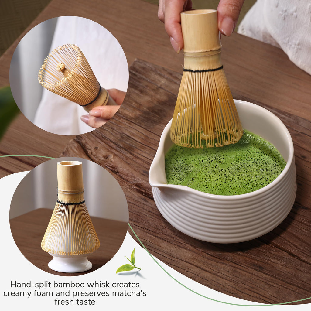 HELPLX Matcha Whisk Set, 10-Piece Japanese Matcha Kit with Bowl, Whisk & Holder, 2 Tea Cups, Bamboo Scoop, Spoon, Sifter, Scoop Rest & Tea Towel – White Matcha Tea Set for Ceremony or Daily Use