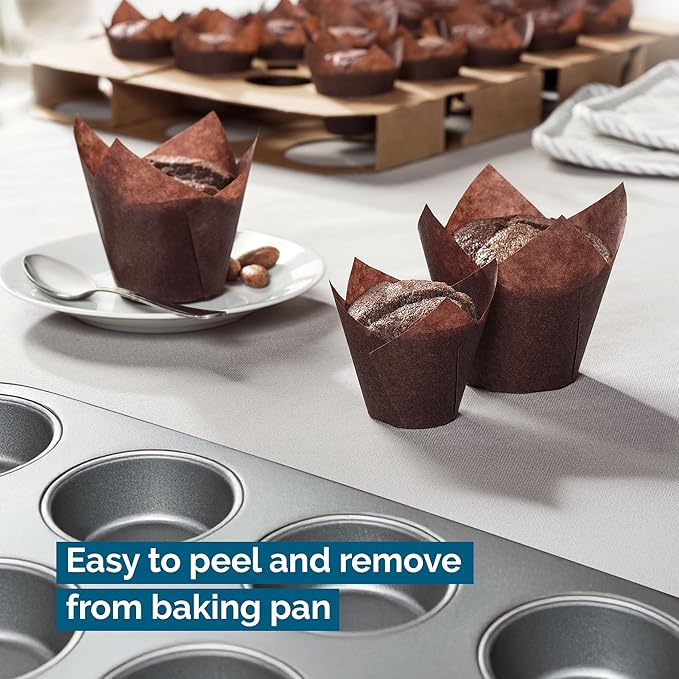 Tulip Cupcake & Muffin Liners – 50gsm Mini Floral Baking Cups – 250 Pcs Natural & Non Toxic Paper Wrappers for Wedding, Bakery, & Party Supplies, Brown, by BHI Packaging