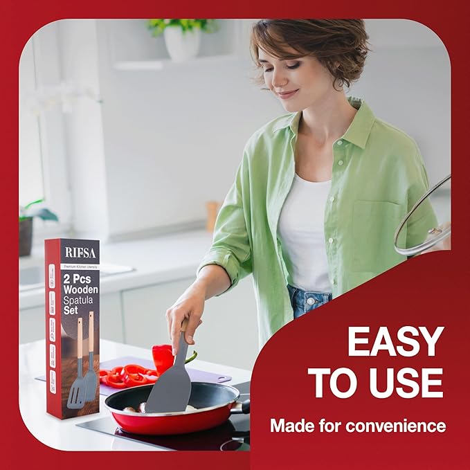 Silicone Spatulas for Non Stick Cookware, 2 Pack with Wooden Handle