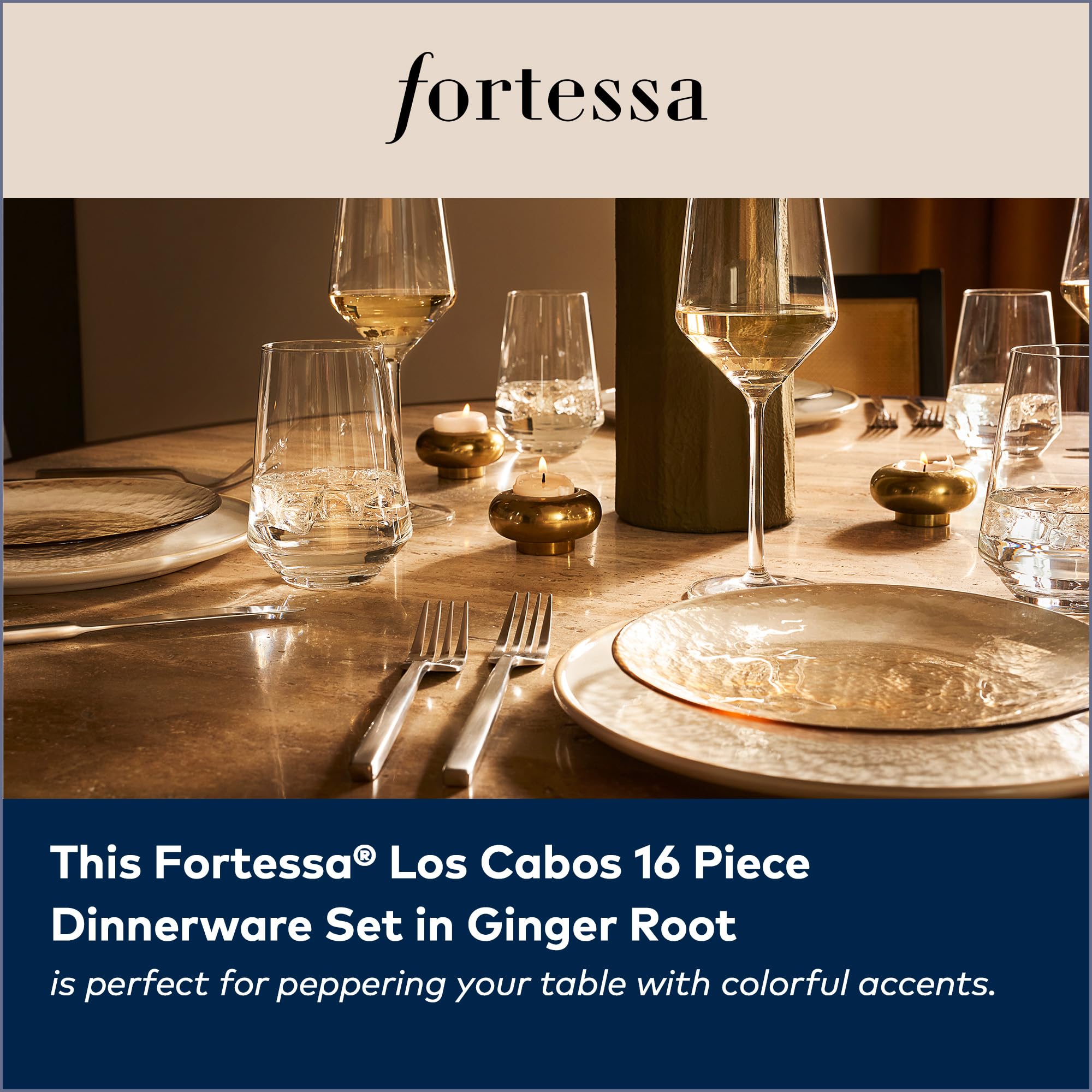 FORTESSA Los Cabos Tableware, 16-Piece Glass Dinnerware Set with 4 Dinner Plates, 4 Salad Plates, 4 Coupe Bowls and 4 Cereal Bowls, Dishwasher-Safe Glass Plate Set, Ginger Root