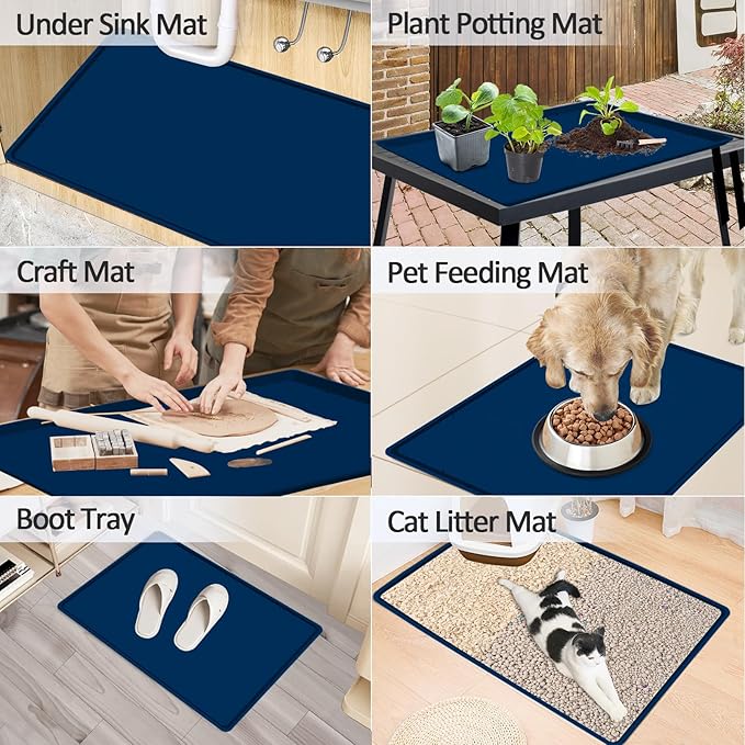 Silicone Coffee Maker Mat with Lip for Countertops, 19.7'' x 15'' Navy Blue