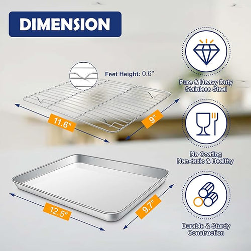12.5” Baking Sheet Pan with Rack, Joyfair Stainless Steel Toaster Oven Tray