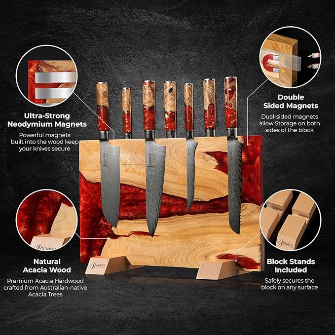 SENKEN "Red Tsunami" Extra Large Magnetic Knife Block - Holds Up to 16 Knives - Knife Block without Knives, Universal Knife Holder, Beautiful Red Resin Burl Wood Blend ("Crimson" Red Resin Blend)