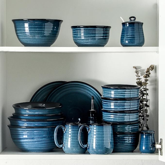 Hasense Ceramic Dinnerware Set, 12 Pieces Handmade Reactive Glaze Plate and Bowls Set of 4 (Plates, Pasta Dish, Cereal Bowls), Chip and Scratch Resistant Dinner Dishes Service, Navy Blue