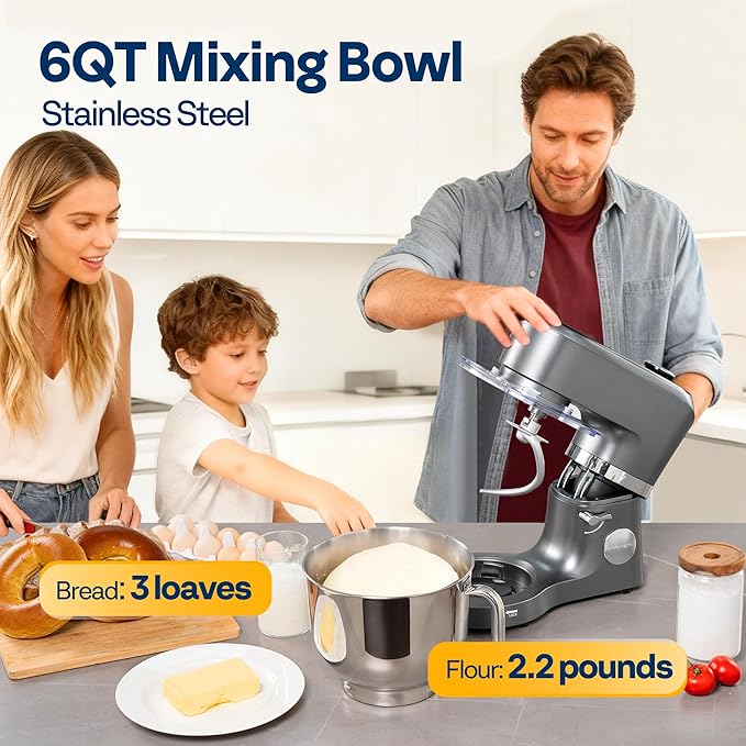 VIVOHOME Stand Mixer with Dough Proofing, 6-Quart Tilt-Head Mixer, Gray