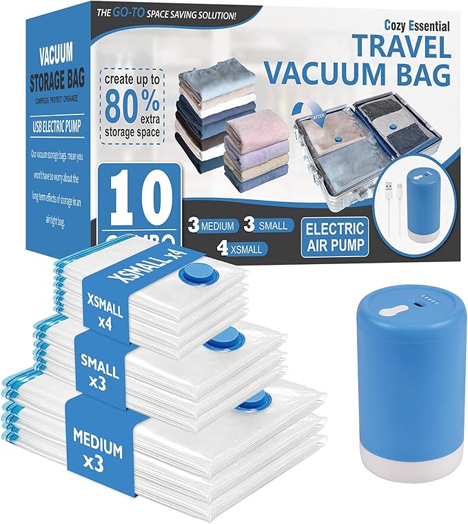Cozy Essential Travel Vacuum Storage Bags with Rechargeable Cordless USB Pump, Space Saver Bags for Luggage, Suitcase, Carry-On, for Clothes, Blankets, Bedding & Seasonal Storage,10 Combo
