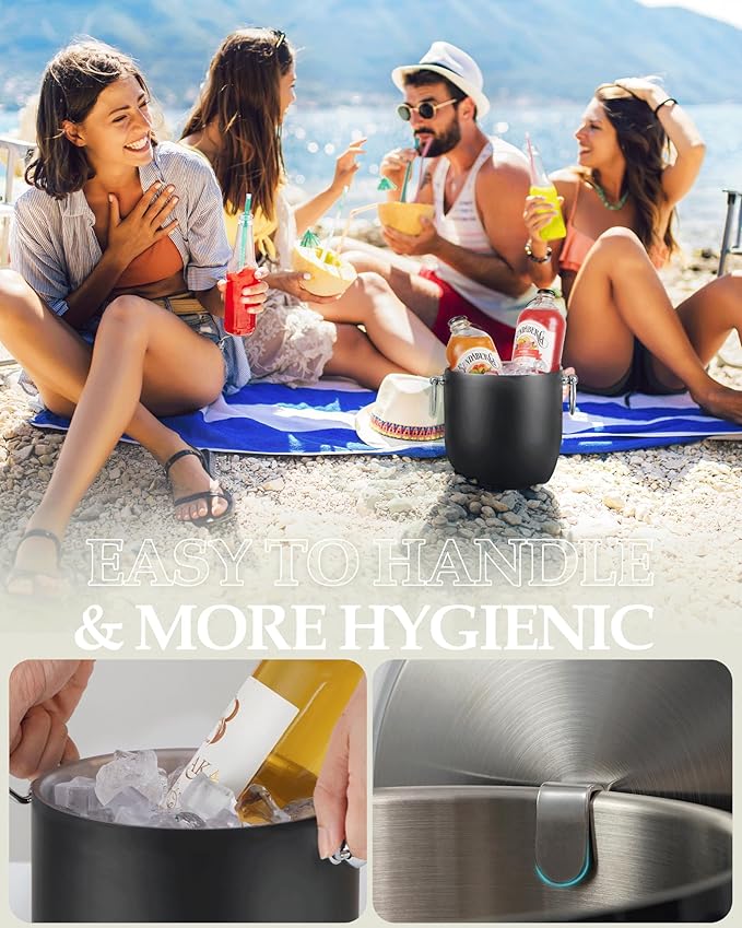 Golden Cudgel Insulated Ice Bucket, 3L Double Wall Stainless Steel Ice Bucket with Tongs,Lid, Scoop and Strainer, Ice Buckets for Parties,Cocktail Bars, Chilling Beer, Champagne, Wine Bottles