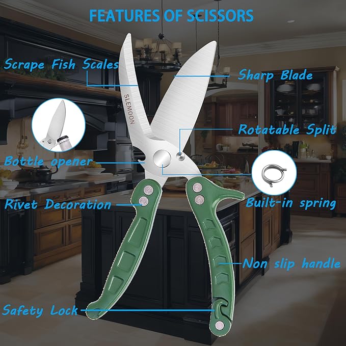SLEMOON Heavy Duty Kitchen Shears,Poultry Shears with Safety Lock,Green