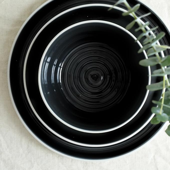 Stone Lain Elica 12-Piece Modern Dinnerware Set Stoneware, Plates and Bowl Sets for 4, Black and Beige