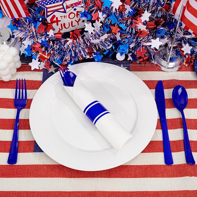 Liacere 100Pack Pre Rolled Blue Silverware and Napkin-Disposable Blue Plastic Utensils-Plastic Cutlery Set with Napkin:100 Forks,100 Knives,100 Spoons,100 Napkins for Wedding&Party&Independence Day