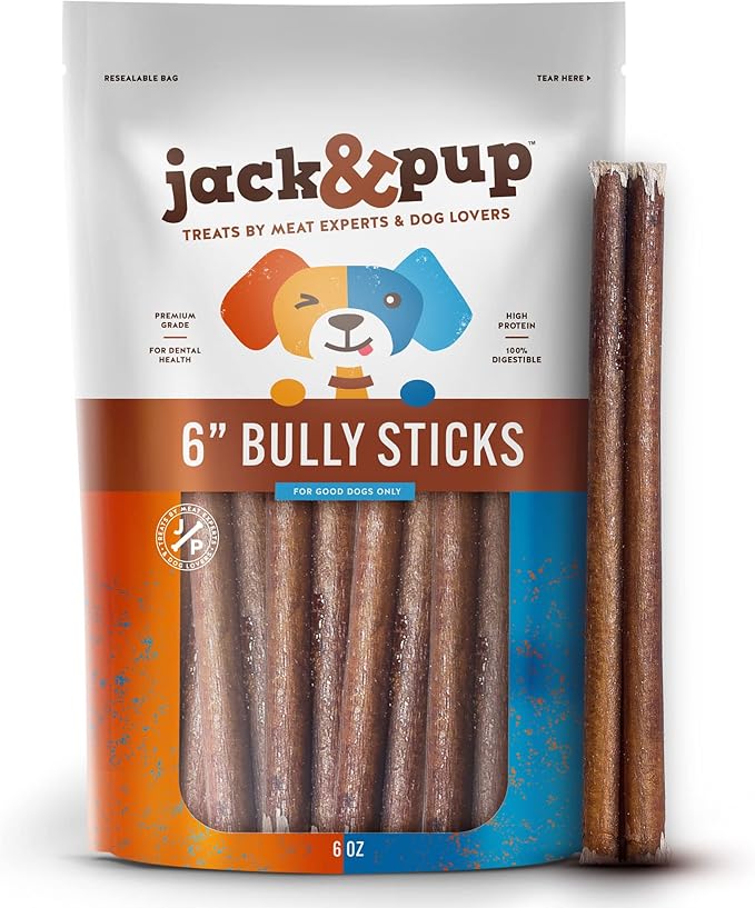 Jack&Pup 6 Inch Bully Sticks, Single Ingredient Long Lasting Dog Chews (6 oz, 5-7 Sticks) Pizzle Sticks for Dogs