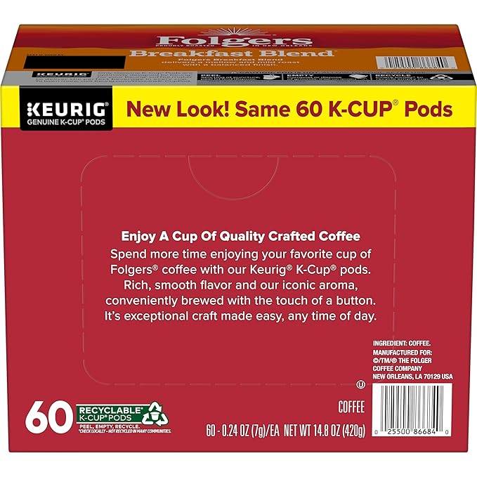 Folgers Breakfast Blend Coffee, Mild Roast, Keurig K-Cup Pods, 60 Count