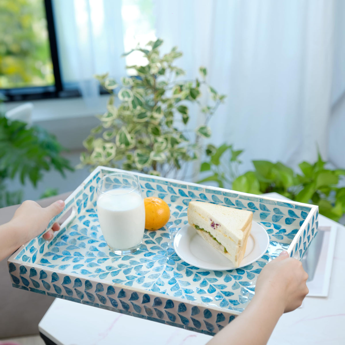 PEMAR Rectangular Mother of Pearl Serving Tray Nacre Wood Lap Ottoman Tray for Coffee Table, Luxury Decorative Handmade Eating Platters w Insert Handles (Teal Floral Pattern)
