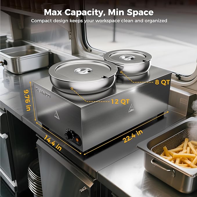 CAMMOO 20qt 2-in-1 Electric Soup Warmer and Steam Table Food Warmer, 1200W Stainless Steel Bain Marie Pot, 86~185°F Adjustable Temp, Commercial Soup Kettle for Catering Restaurant Buffet