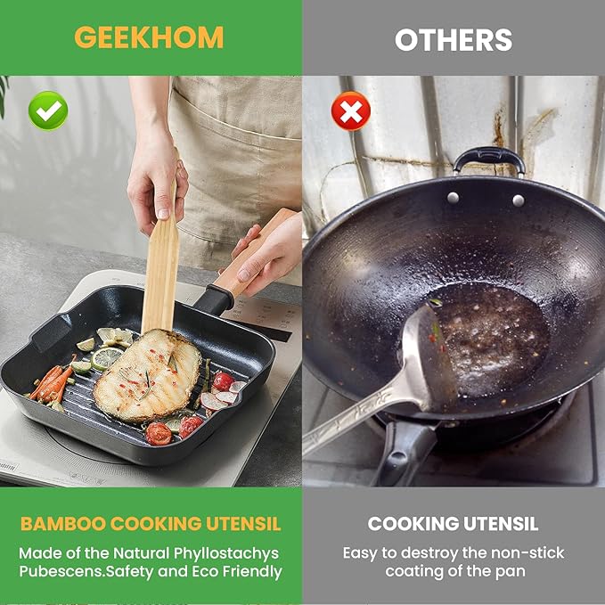 GEEKHOM Wooden Spurtle Set Bamboo Utensils: 13 Inch for Sourdough Starter, Mixing Scraping Serving, Reaching Jar Bottom, Nonstick Cookware 2 Set