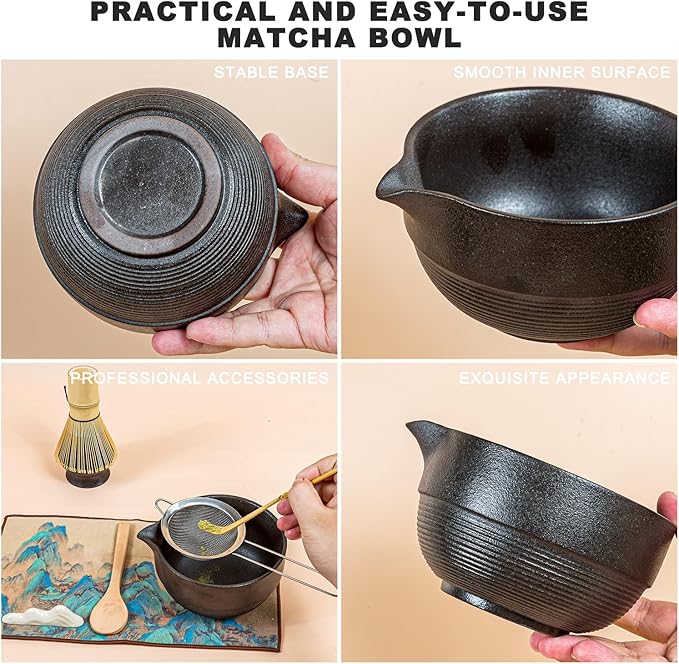 Matcha 7-Piece Set, Japanese Matcha Ceremony Kit with Chawan Bowl, Bamboo Whisk and Strainer, Great Gifts for Mom, Grandma, Wife, Women, Birthday, Mother’s Day, Graduation, Home Decor(Black)
