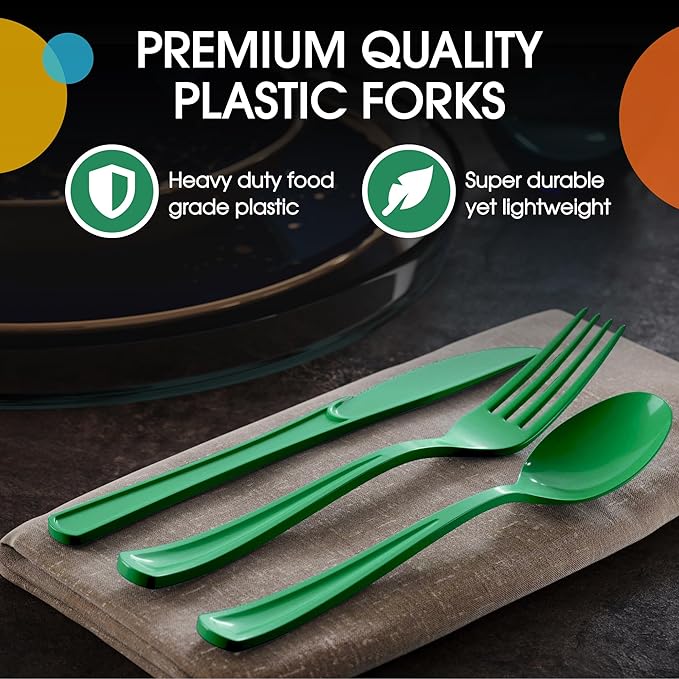 Party Solids Emerald Green Plastic Silverware Heavy Duty 150 Pieces Green Disposable Silverware Heavy Duty, Utensil Sets, 50 Of Each Forks, Knives & Spoons Disposable Cutlery Set For Party Supplies