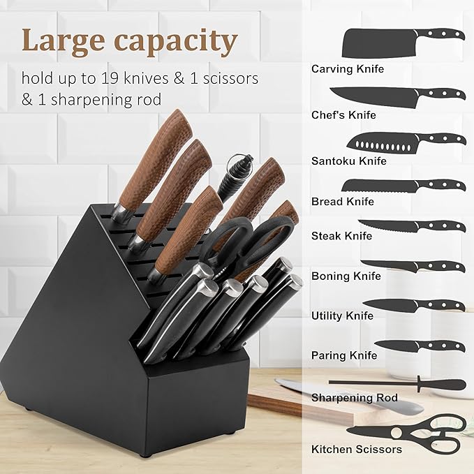 Knife Block for Kitchen Countertop - 20 Slot Universal Knife Holder with Acacia Wood, Large Knife Storage Organizer for Butcher Block, Knife Block Storage without Knives, Easy for Knife set