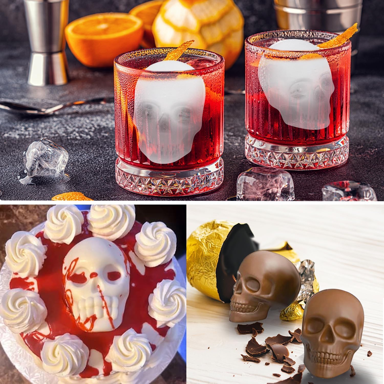 Skull Ice Cube Mold，Skull Cake Pan Silicone Mold，6-Cavity Silicone, or Halloween & Party Drinks (4 Cavity Large Mold)
