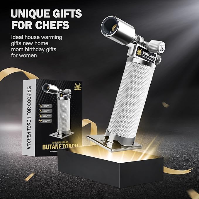 RAVS Butane Torch Lighter Refillable, White Kitchen Torch with Adjustable Flame, Premium Metal Creme Brulee Torch for Baking, Welding, Cooking Torch Butane Not Included