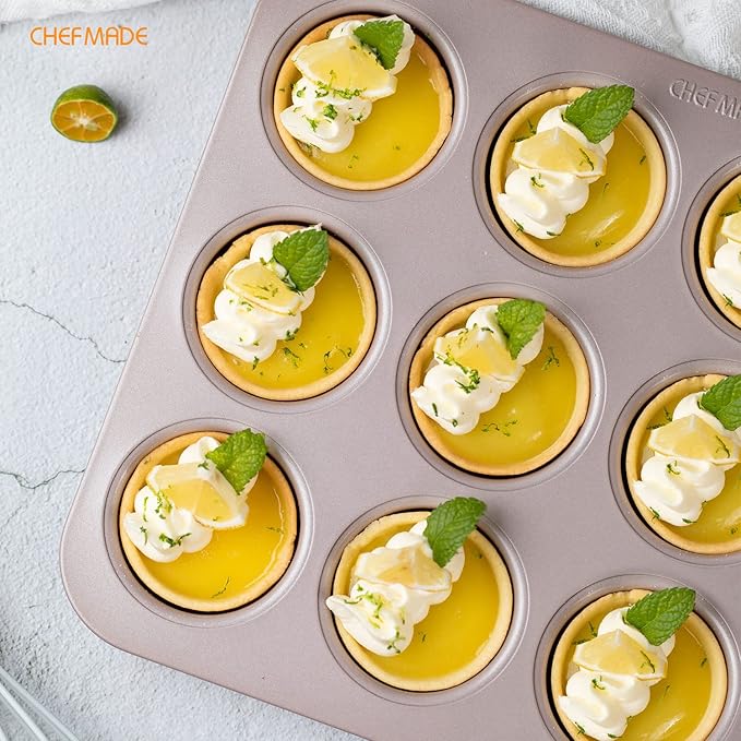 CHEFMADE Muffin Cake Pan, 12-Cavity Non-Stick British Cupcake Pan Bakeware for Oven Baking (Champagne Gold)