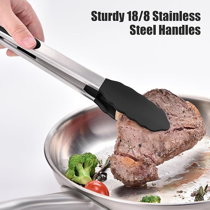 Doosu Kitchen Tongs with Silicone Tips for Cooking Serving (3Pcs, Black)