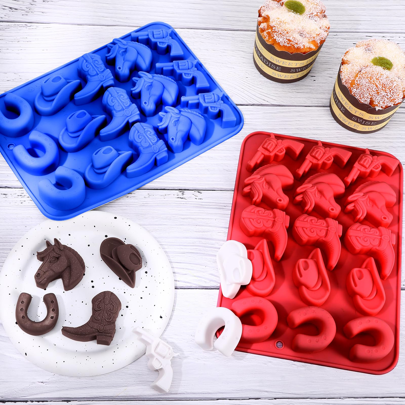 2 PCS Cowboy Chocolate Molds, Cowboy Hat, Boots, Saddle Shaped Cakesicle Molds Silicone, Western Party Theme, For Cupcakes, Cake Pops, Jellies, Chocolates, Candies(Blue,Red)