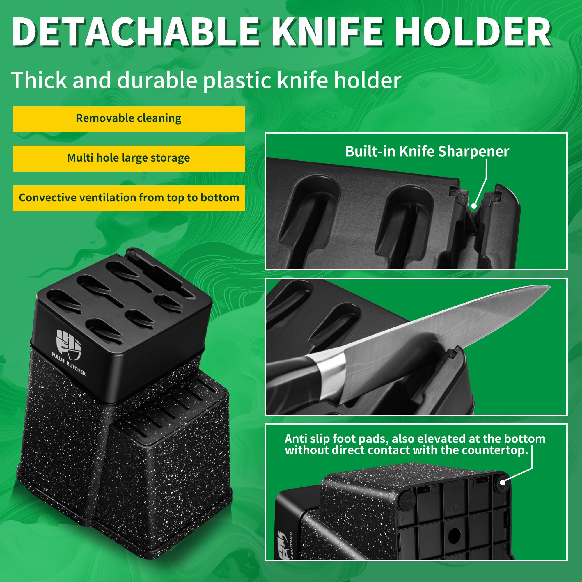 FULLHI 8pcs block Knife Set,chef's Knves Set with Block and Sharpener, Kitchen Knife Set,Multi-colour Handle, Gifts for Men Women
