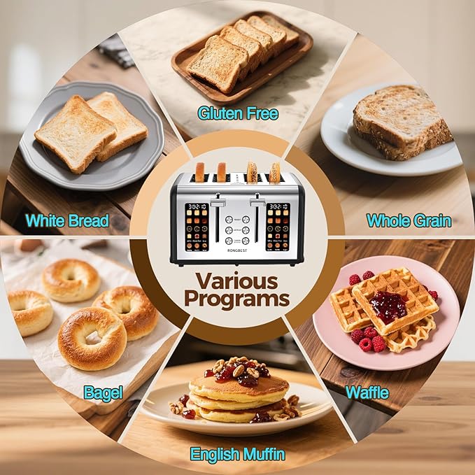 4 Slice Stainless Steel Toaster with 1.5" Wide Slots Digital Touchscreen, Even Toasting for Family Breakfast Bagel & Bread, Reheat & Defrost, Smart Touch Screen, Removable Crumb Tray, Matte Black
