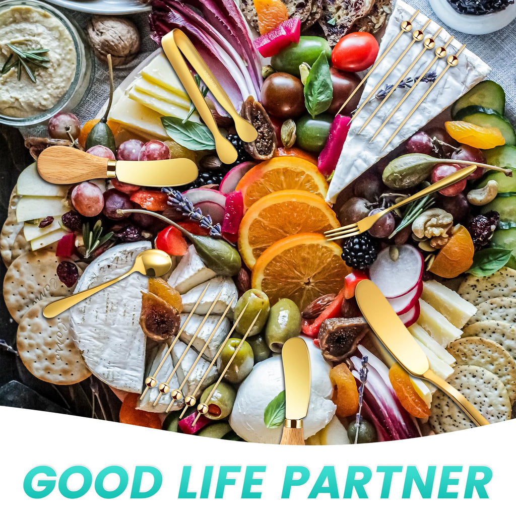 Charcuterie Board Accessories With 3 Oz Ceramic Dip Bowls, Wooden Handle Gold Cheese Spreader Butter Knive Set Kit, Mini Tongs, Spoons, Forks,Honey Dipper, Cocktail Picks
