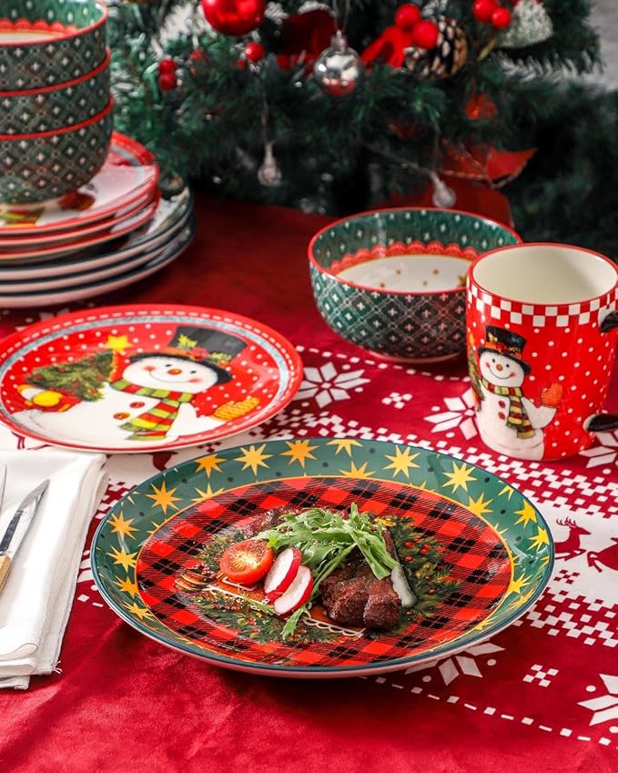 Hasense Dinnerware Set of 4, Ceramic Holiday Plates and Bowls Sets with Mugs, 16 Pieces Chip & Scratch Resistant Serving Dishes for Party Everday Use, Microwave and Dishwasher Safe