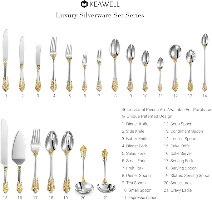 KEAWELL Luxury 20-Piece 18/10 Stainless Steel Flatware Set (Gold Accent)