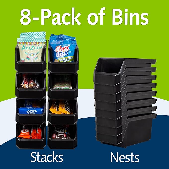 ReadySpace Medium Stackable Plastic Storage Bins, 8-Pack, Black