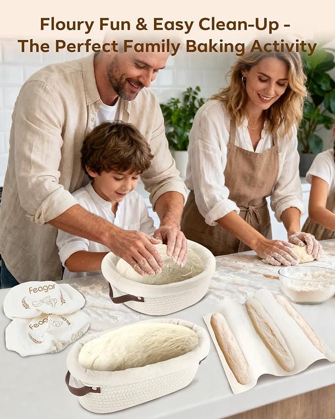 Feagar Bread Proofing Basket Set: XL 11.5” Banneton Holds 1000g Dough, Includes Multi-Purpose Proofing Cloth for Baguettes, Round Loaf & Sourdough Bread Baking Supplies | 2-Pack with Liners & Covers