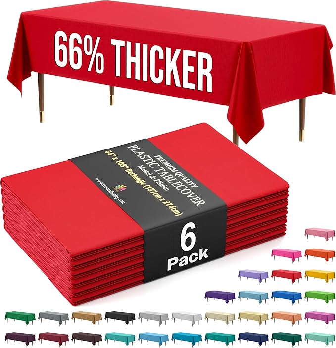 Exquisite Party Solids 66% Thicker Premium Plastic Table Cloth Rectangle Table Cover 0.5 Mil 6 Pack Red Table Cloth 54 Inch x 108 Inch Disposable Tablecloth Won't Tear Easily Like Cheap Thin Brands