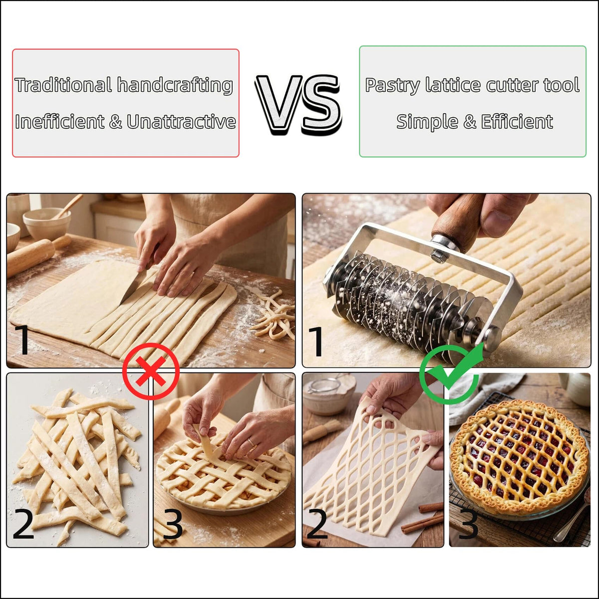 Dough lattice cutter pastry Tool - Stainless Steel Pastry Lattice Roller Cutter for Pie Pizza Bread beef wellington Pastry Crust Roller,Time-Saver Baking Tool