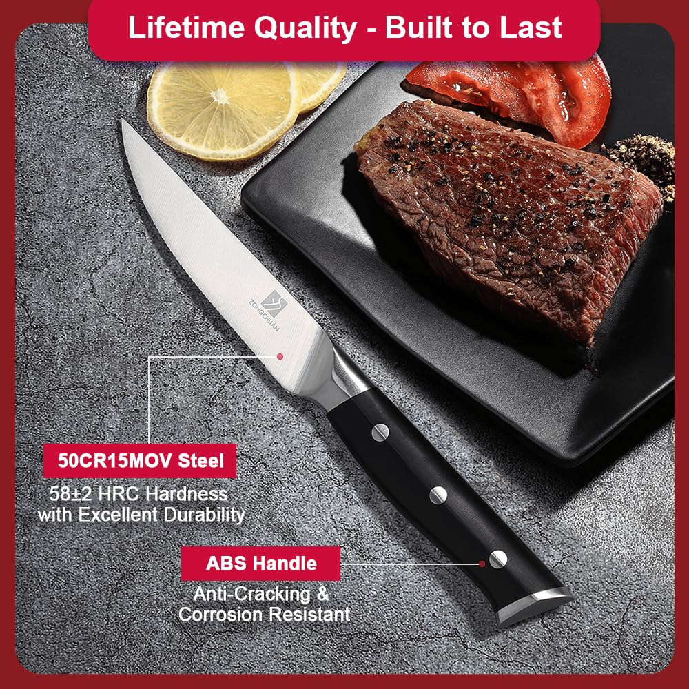 zongchuan Steak Knife,4.5inch Steak Knives Set of 2,High-Carbon Stainless Steel Knife Set,Serrated Blade Sharp Knives,Dishwasher Safe,Ergonomic Black Handel,Full Tang Design With Excellent Gift