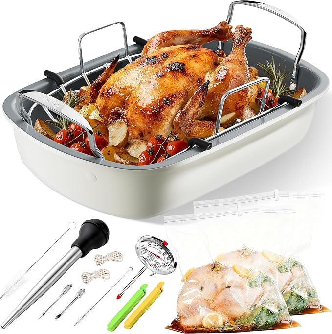Turkey Roasting Pan, 17x13 Inch Nonstick Turkey Roaster Pan, Cream&Silver