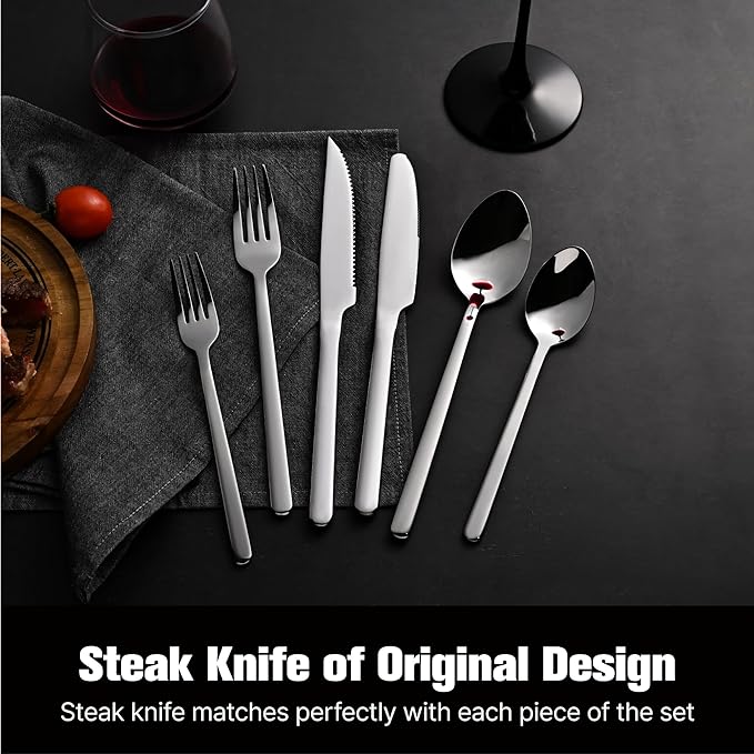 KINGSTONE 48-Piece Silverware Set with Steak Knives, Flatware Set for 8, 18/10 Stainless Steel Tableware Cutlery Set for Home Restaurant, Mirror Finish,Modern Design
