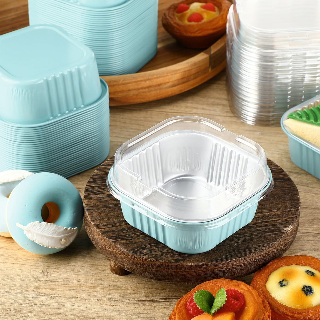 Aoriher 150 Pcs 10 oz Mini Cake Pans with Lids Light Blue