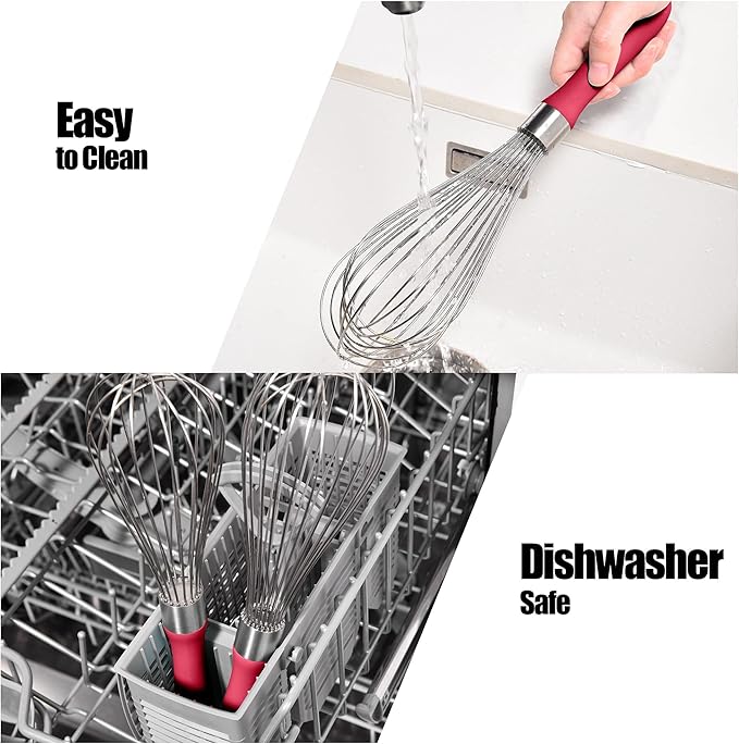 Doosu 18/8 Stainless Steel Balloon Whisk for Cooking (12 Wires, Red)
