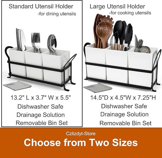 Czlizdyt Cutlery Holder with Drain Holes, Silverware Caddy for Party Countertop, 3pcs Bins Set Utensil Holders for Spoon and Fork, White