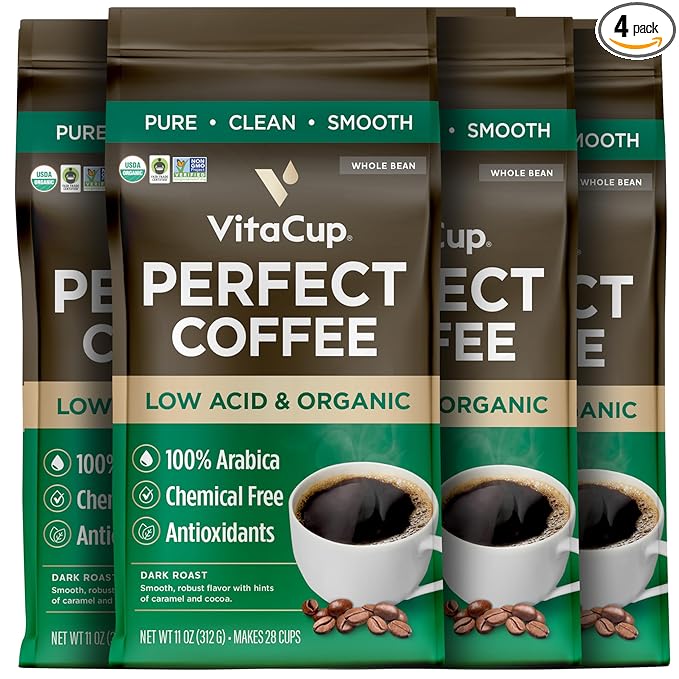 VitaCup Perfect Low Acid Organic Dark Roast Coffee Beans, 40oz, 4 Bags