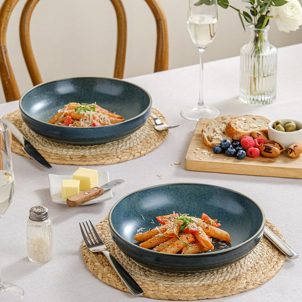 HAPPY KIT 9'' Pasta Bowls, 42oz Pasta Bowls Set of 4, Large Salad Bowl, Ceramic Serving Bowls,Double Reactive Glaze, Ideal for Housewarming, Festivals, Microwave Safe (Peacock Blue)
