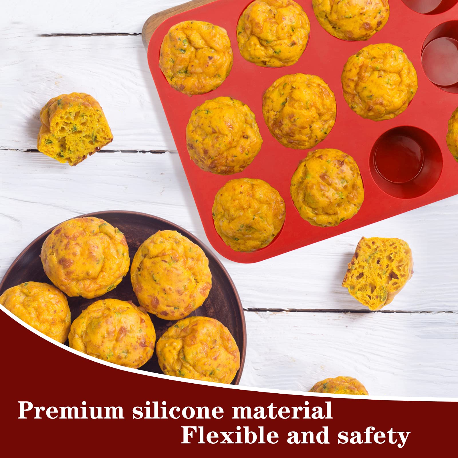 Vodolo 12-Cup Silicone Professional Non-Stick Popover Pans for Muffins, Brownies and Baking