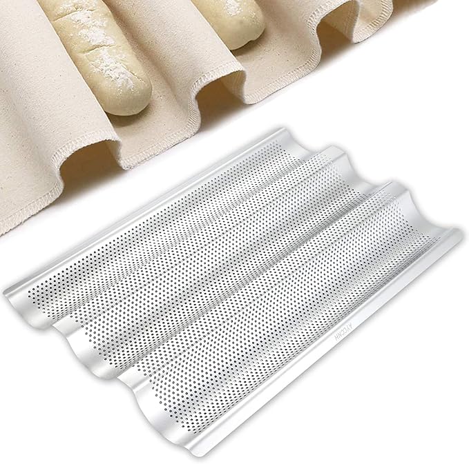 AYCCNH Stainless Steel Perforated French Baguette Bread Pan 3 Waves Toaster Oven Baking Tray (15"x10") with Large Bread Proofing Cloth (17.7" x 30.3")